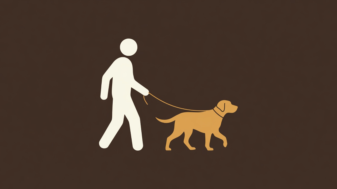 Flat illustration of a cream human silhouette and an amber dog walking side by side on a loose lead across an espresso background