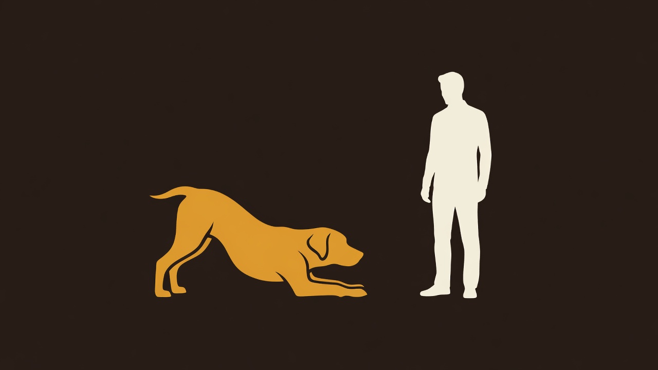 Flat illustration of an amber dog in a play bow, front legs stretched forward and rear raised, facing a calm cream human silhouette on an espresso background
