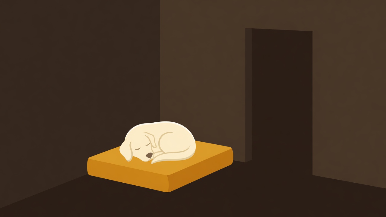 Flat illustration of a cream dog curled up asleep on a square amber bed in a quiet espresso-coloured corner, away from a doorway