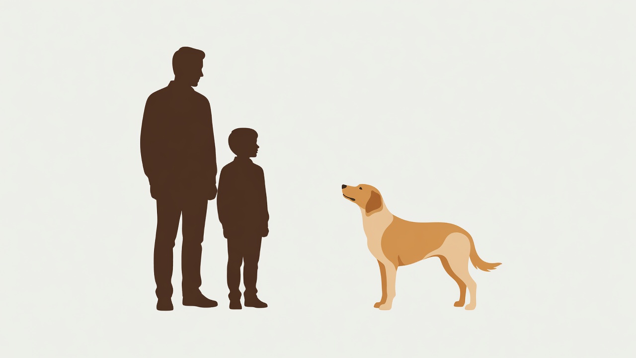 Flat illustration of an adult and a child in espresso silhouette standing back calmly while a cream and amber dog sniffs the air towards them