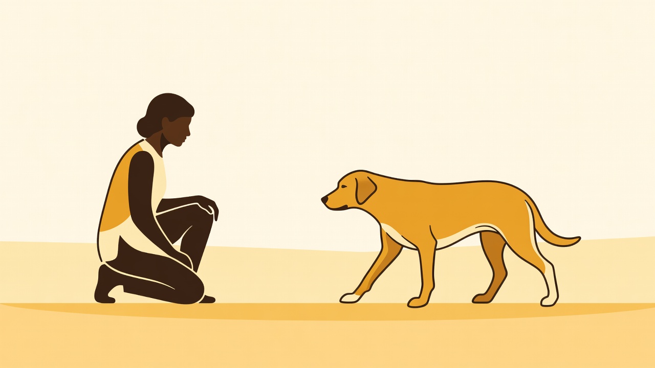 Flat illustration in espresso, amber and cream of a person kneeling side-on at a respectful distance while a relaxed dog walks towards them